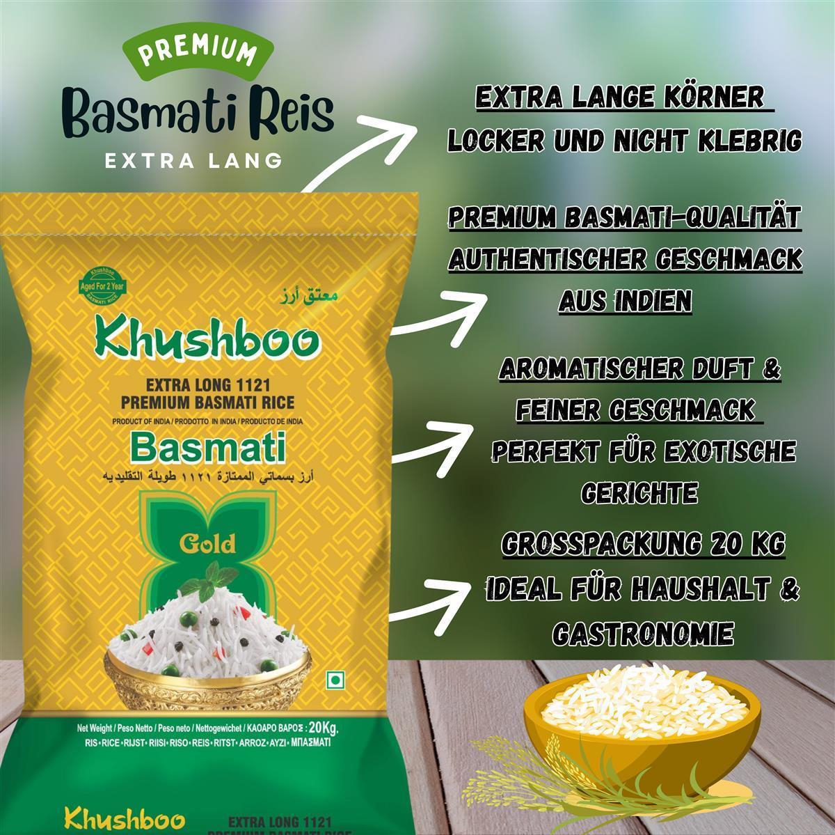 Khushboo Gold Premium 1121 Basmati Reis 20 kg Indischer Duftreis 