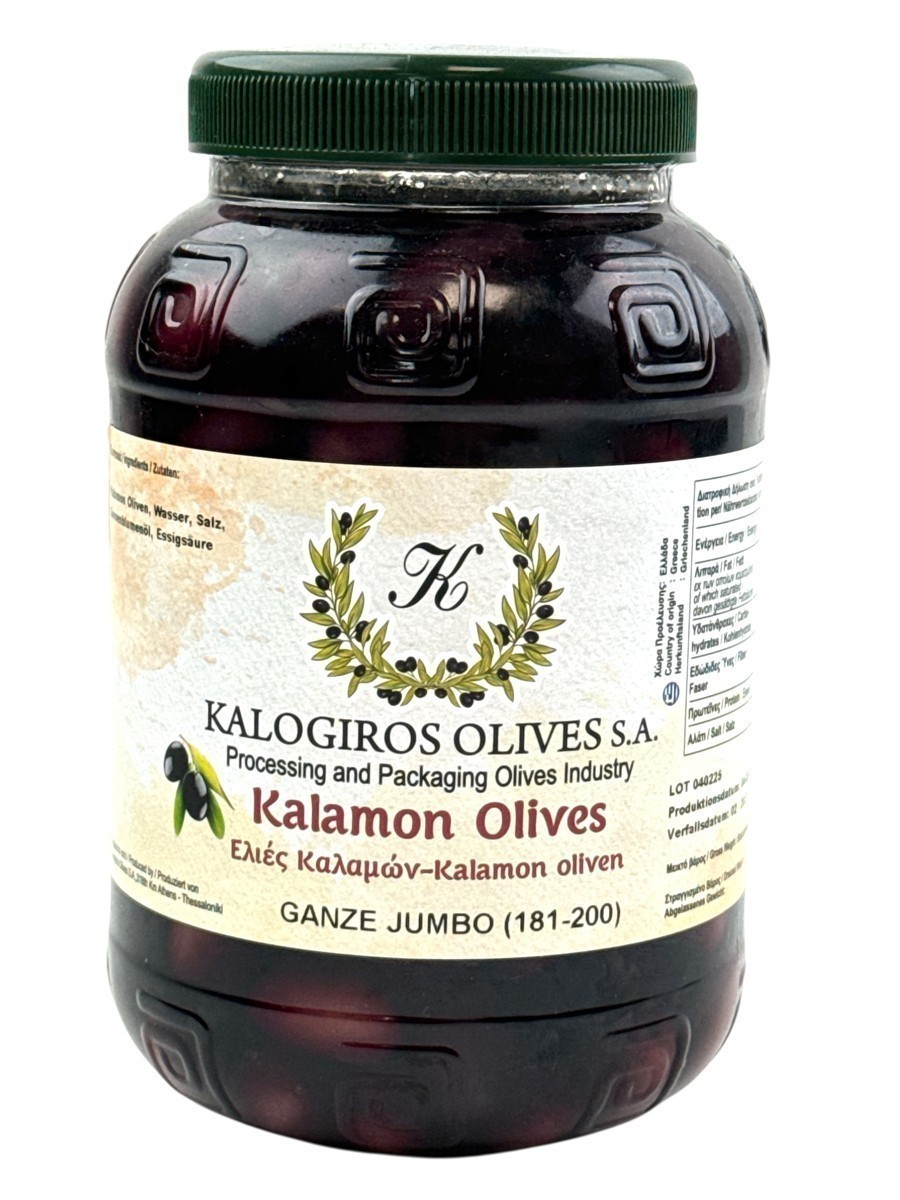 Kalogiros Kalamata Oliven ganz 1kg griechische Jumbo Oliven in Salzlake