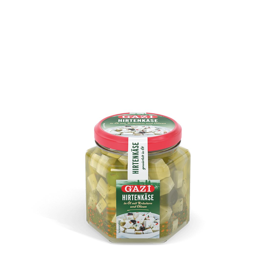 Gazi Hirtenkäse 6x 300g gewürfelt in Öl mit Kräutern und Oliven 45% Fett i.Tr.