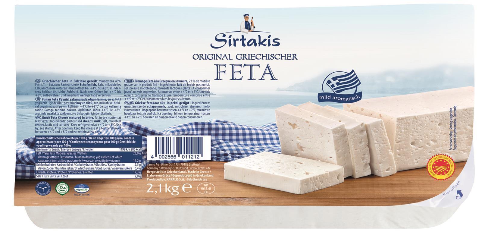 Sirtakis Feta 2,1kg Schafskäse in Salzlake 43% Fett i.Tr. 