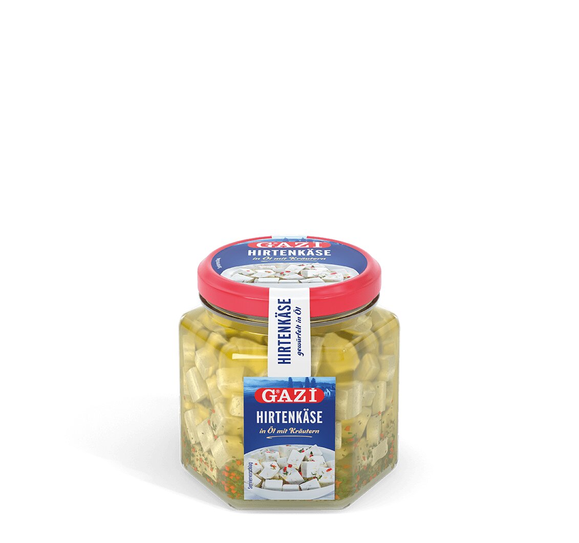Gazi Hirtenkäse 300g 45% Fett i.Tr. Kuhkäse gewürfelt in Öl mit Kräutern