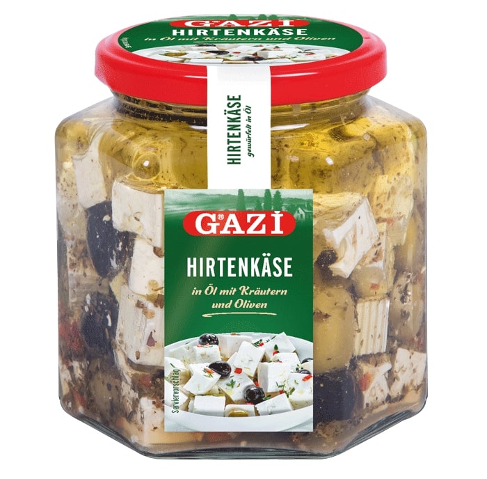 Gazi Hirtenkäse 300g 45% Fett i.Tr. Käse in Öl mit Kräutern und Oliven gewürfelt