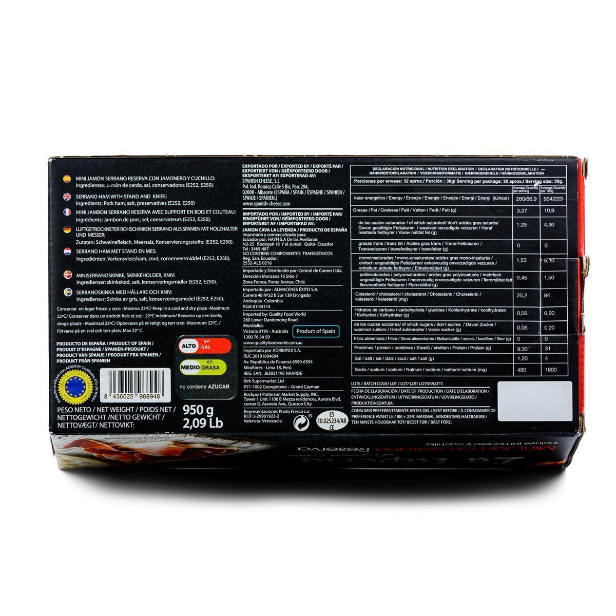 Hymor Serrano-Schinken-Set Reserva 950g Jamon mit Holzhalter und Schinkenmesser